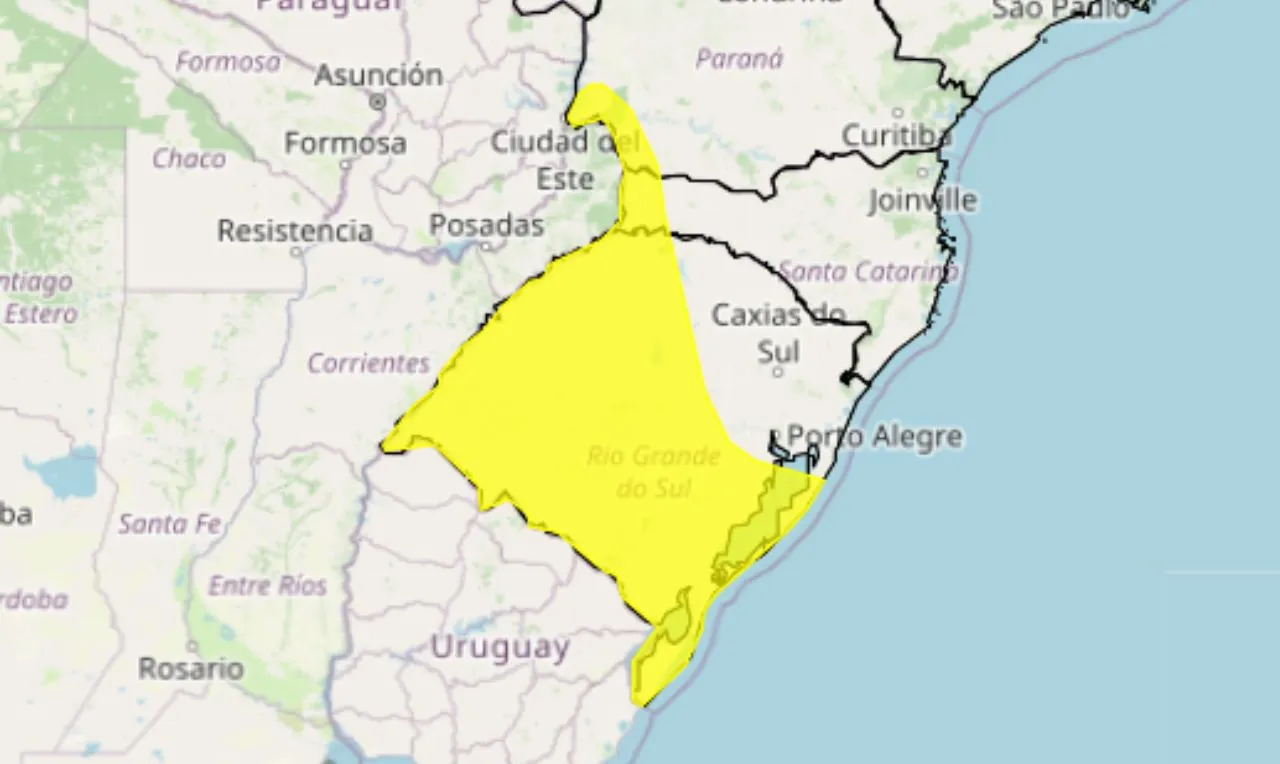Trata-se de um alerta amarelo para tempestade, ventania e granizo no sul do país